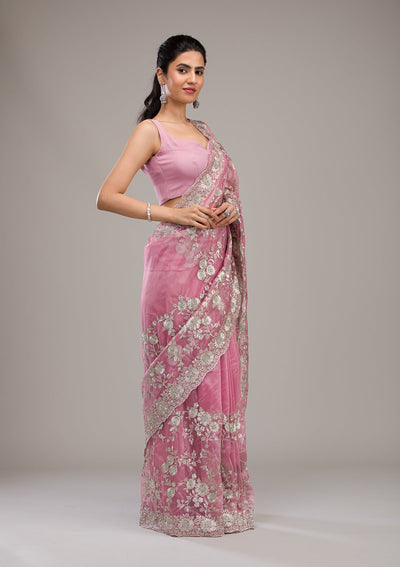 Baby Pink Zariwork Tissue Saree-Koskii