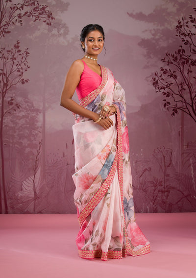 Cream Printed Georgette Saree-Koskii