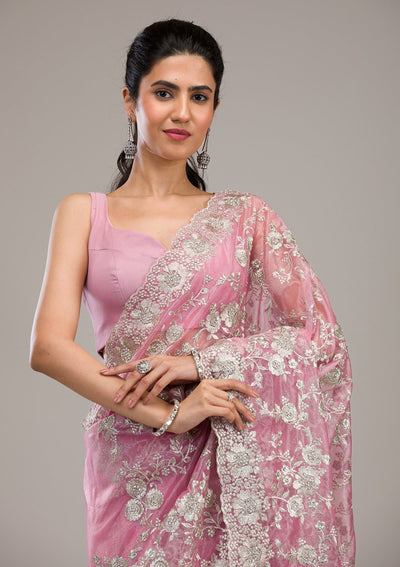 Baby Pink Zariwork Tissue Saree-Koskii