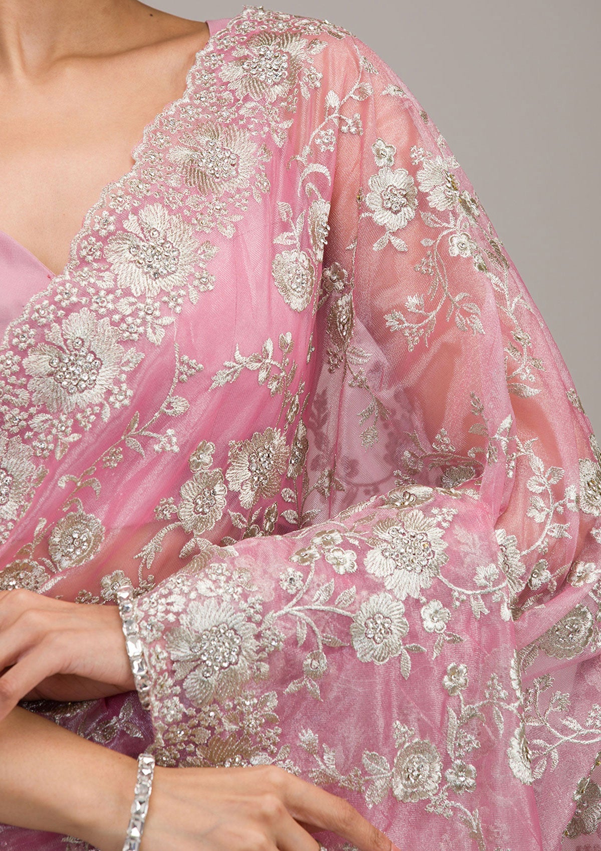 Baby Pink Zariwork Tissue Saree-Koskii