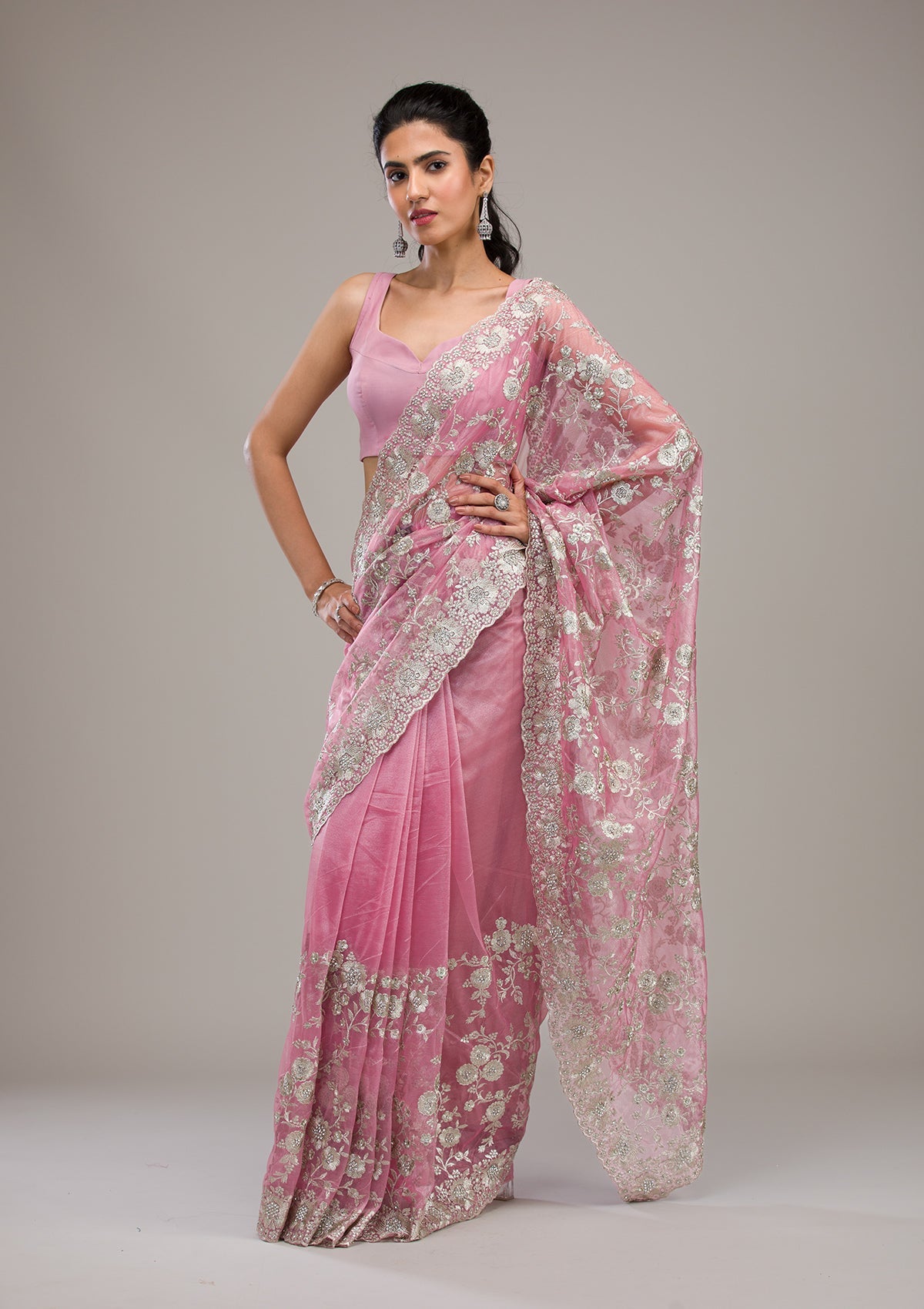 Baby Pink Zariwork Tissue Saree-Koskii