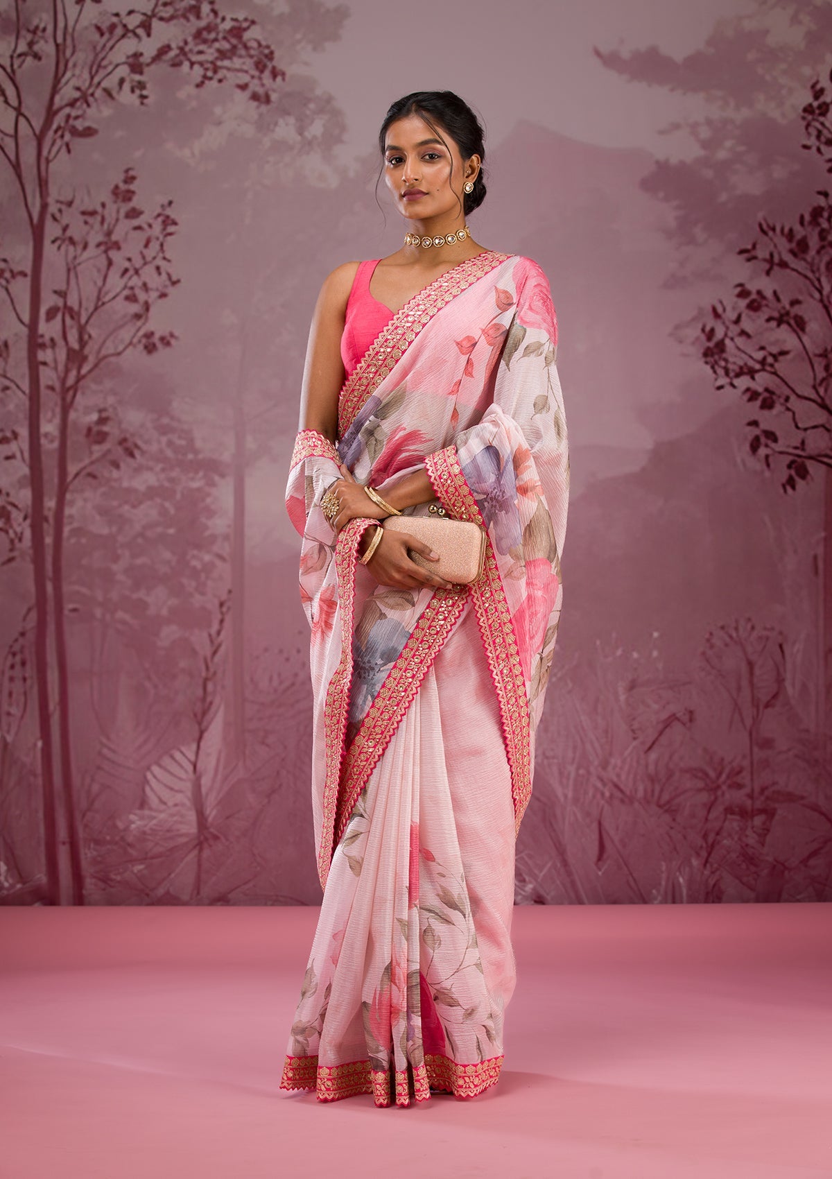 Cream Printed Georgette Saree-Koskii