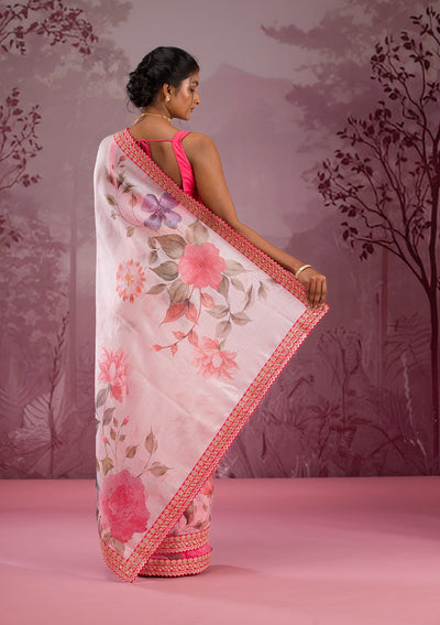 Cream Printed Georgette Saree-Koskii