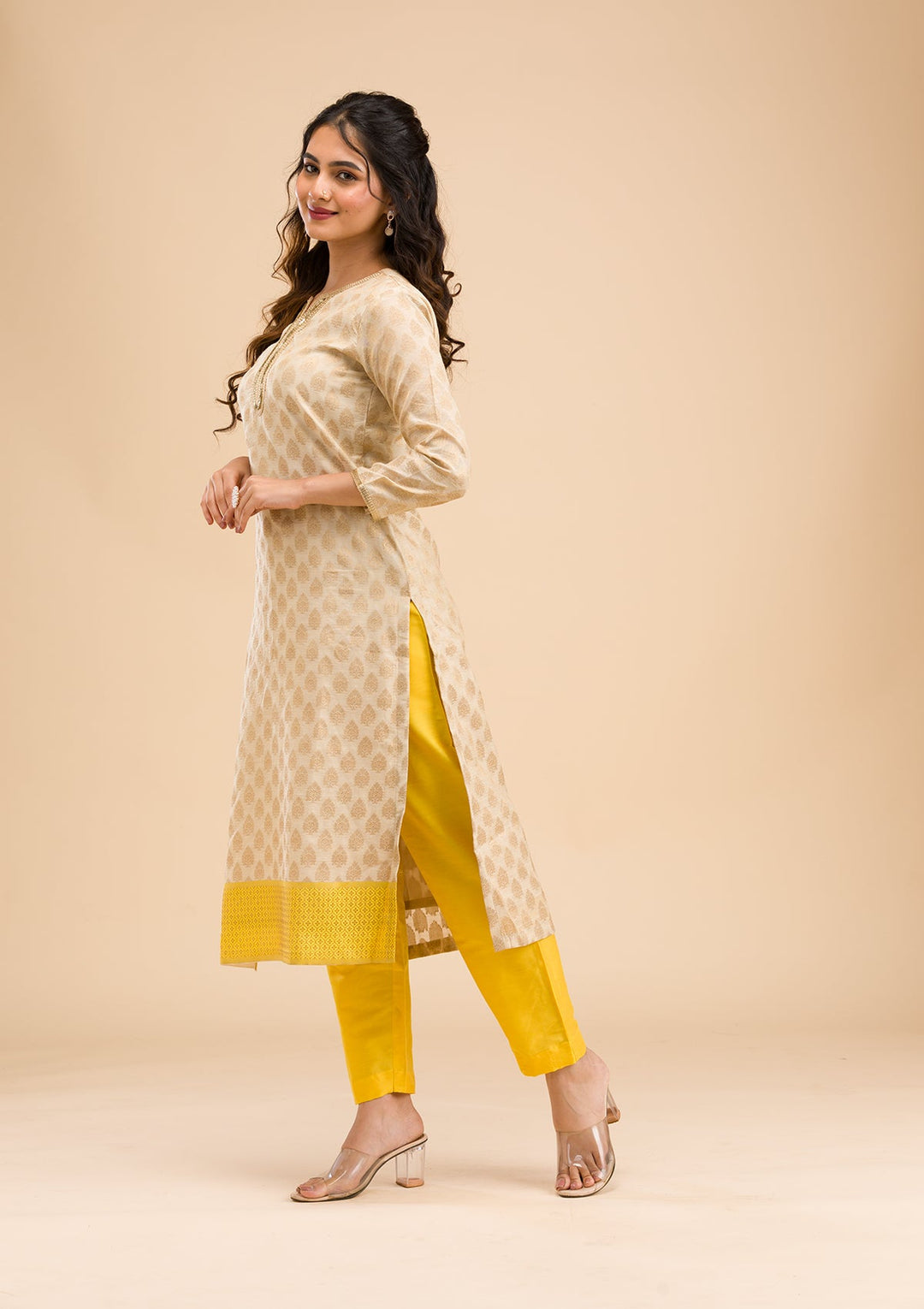 Beige Banarasi Cotton Readymade Salwar Kameez-Koskii
