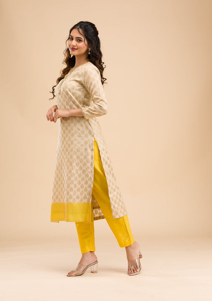 Beige Banarasi Cotton Readymade Salwar Kameez-Koskii