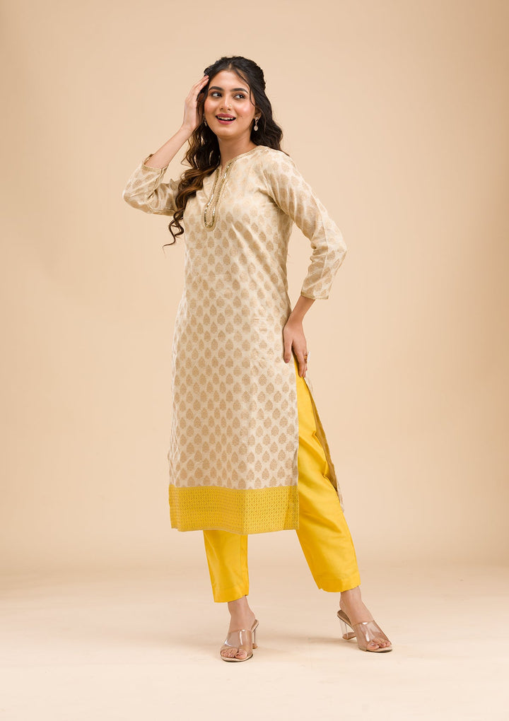 Beige Banarasi Cotton Readymade Salwar Kameez-Koskii