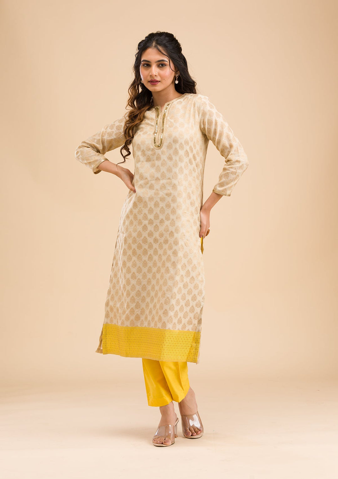 Beige Banarasi Cotton Readymade Salwar Kameez-Koskii