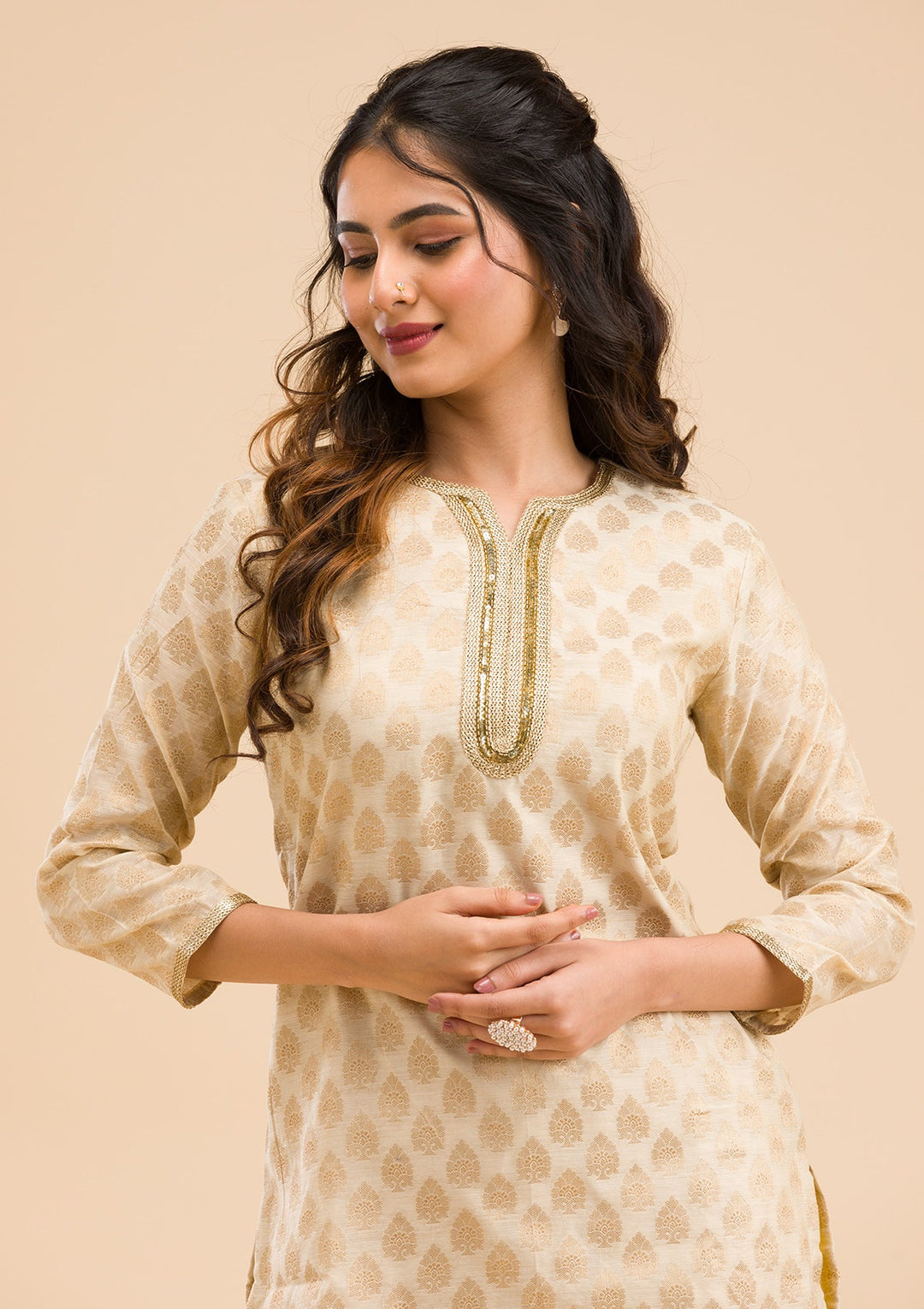 Beige Banarasi Cotton Readymade Salwar Kameez-Koskii