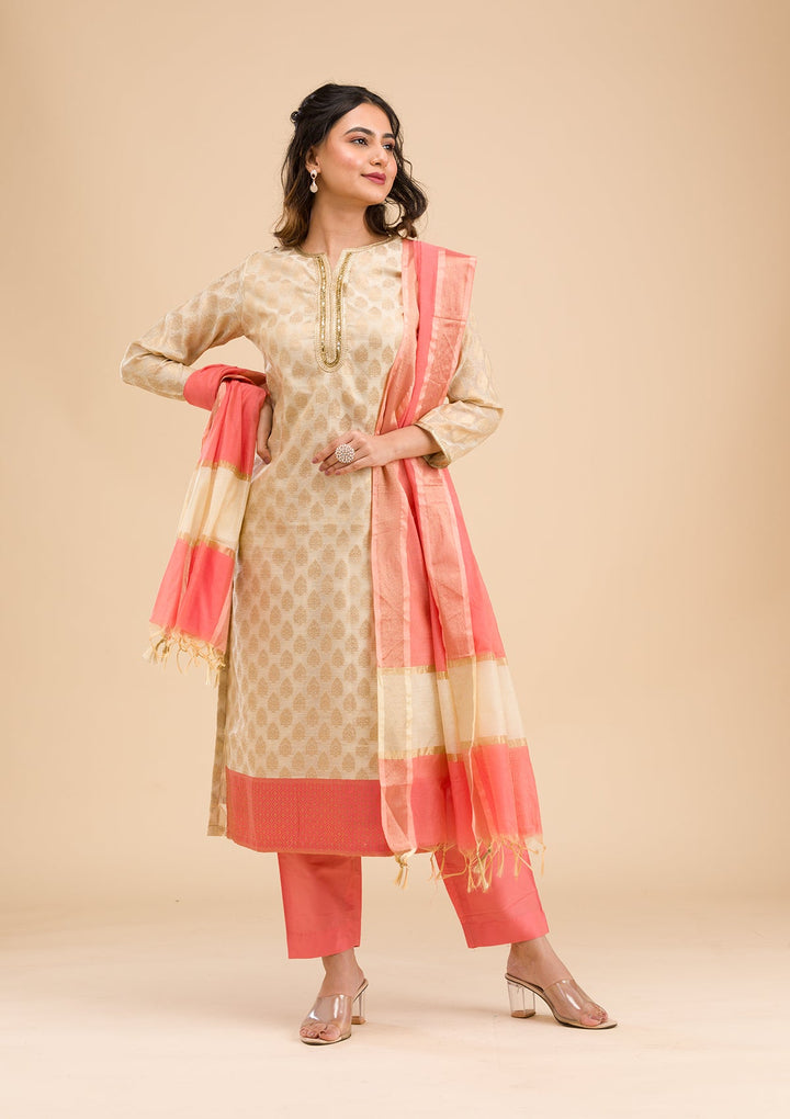 Pink Banarasi Cotton Readymade Salwar Kameez-Koskii