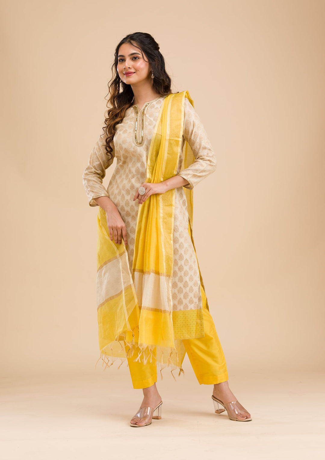 Beige Banarasi Cotton Readymade Salwar Kameez-Koskii