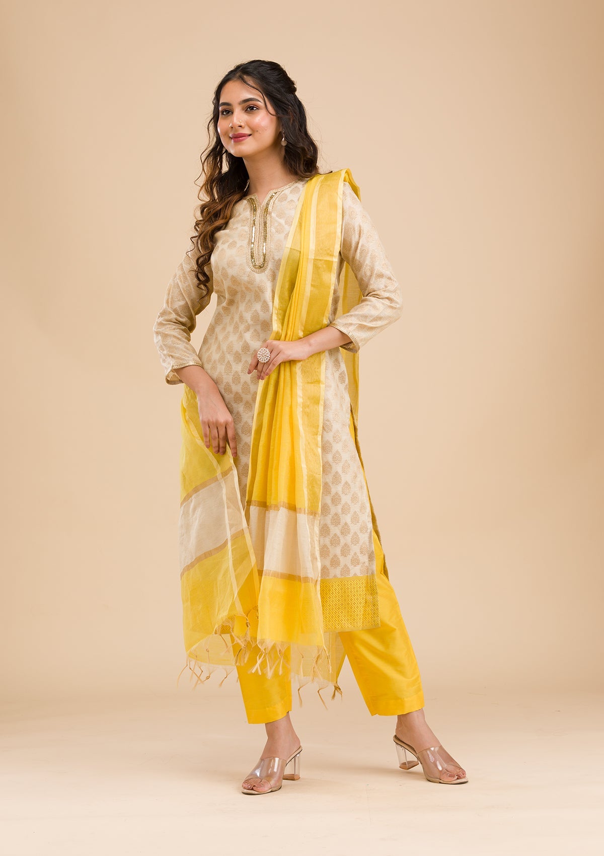 Buy Beige Banarasi Cotton Readymade Salwar Kameez - Koskii