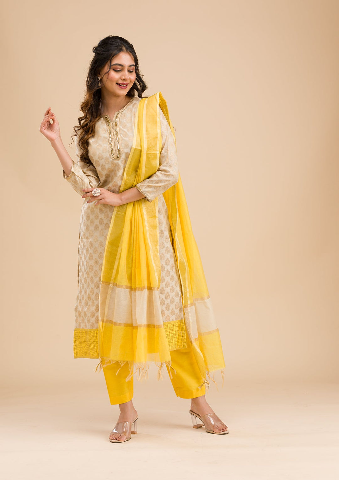 Beige Banarasi Cotton Readymade Salwar Kameez-Koskii