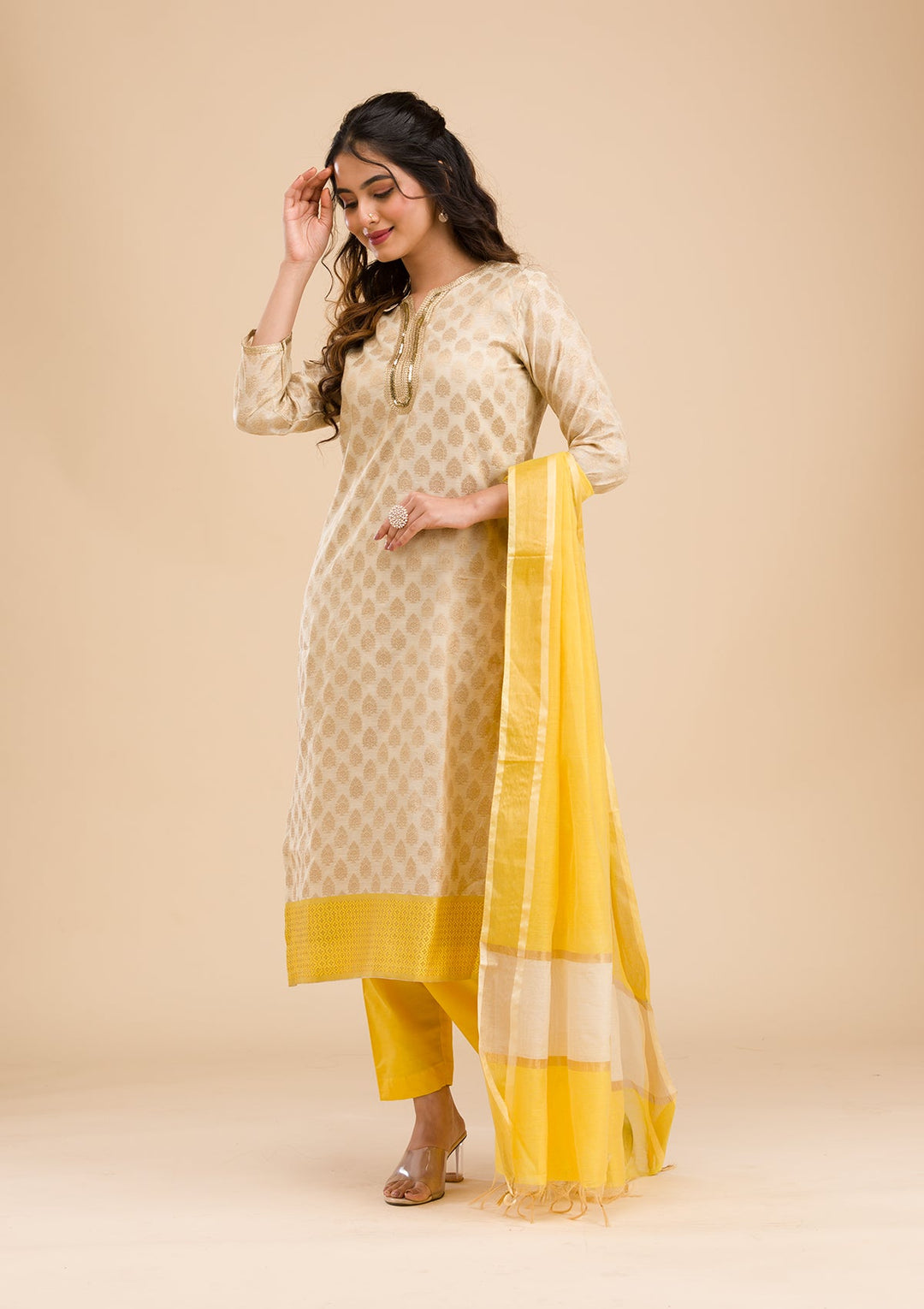 Beige Banarasi Cotton Readymade Salwar Kameez-Koskii