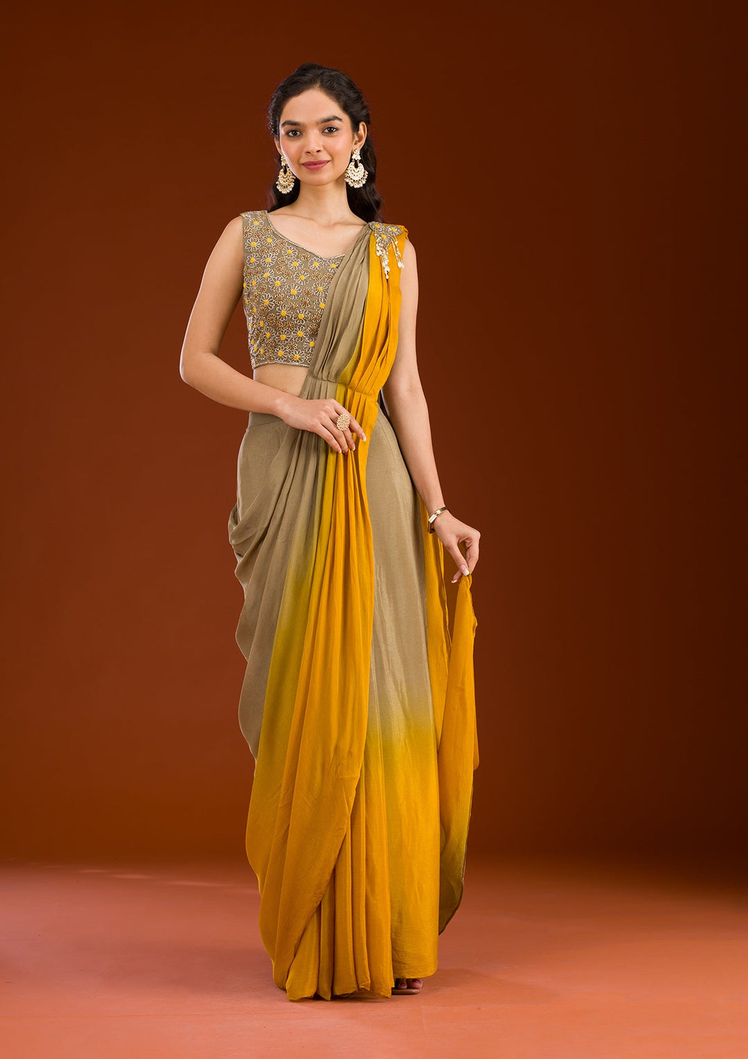 Beige Cutdana Georgette Readymade Salwar Suit-Koskii