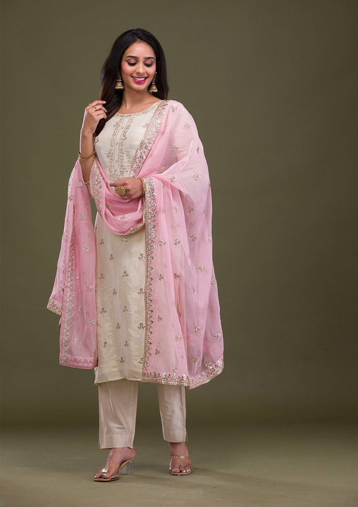 Beige Gotapatti Art Silk Readymade Sharara Kameez