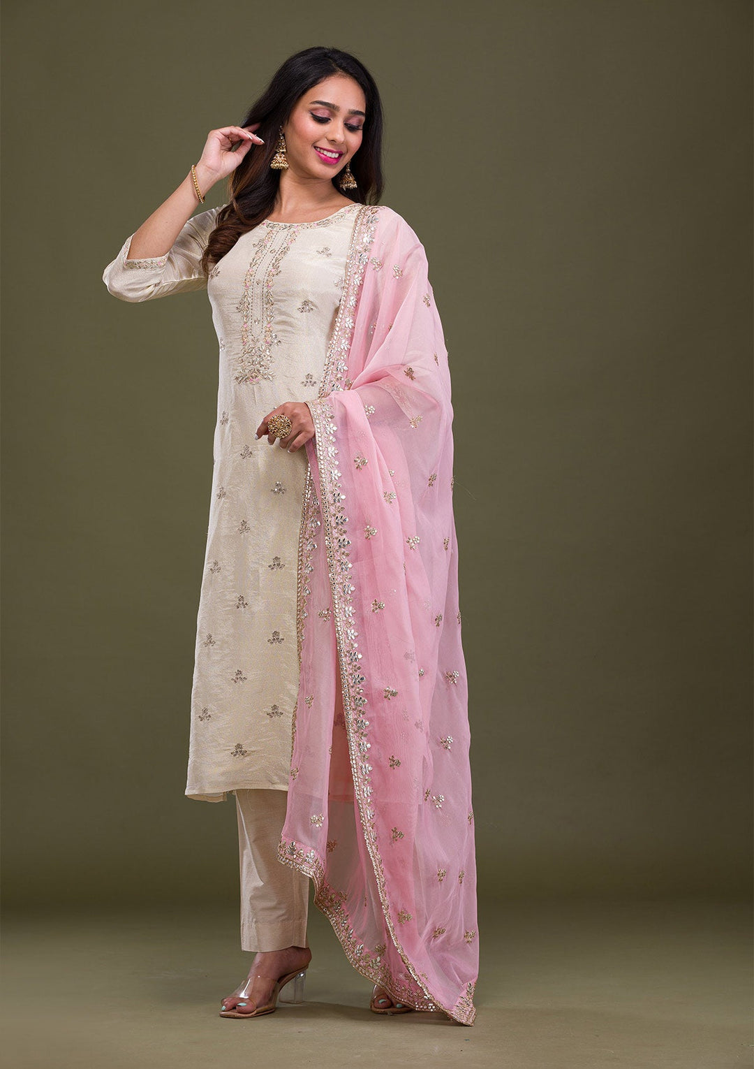 Beige Gotapatti Art Silk Readymade Sharara Kameez