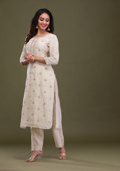 Beige Gotapatti Art Silk Readymade Sharara Kameez