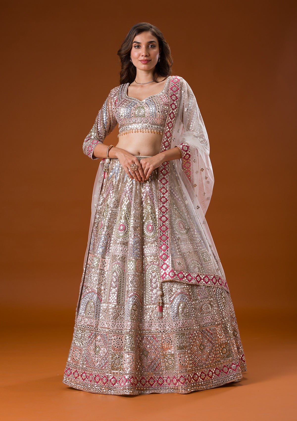 Beige Gotapatti Net Readymade Lehenga-Koskii