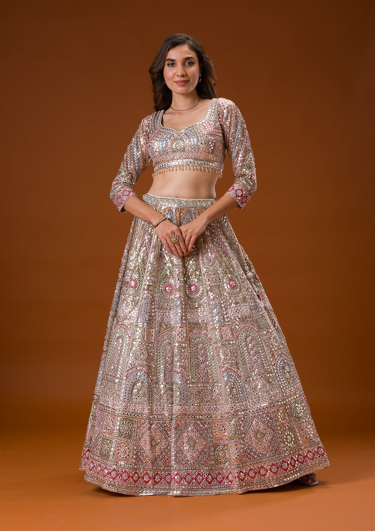 Beige Gotapatti Net Readymade Lehenga-Koskii