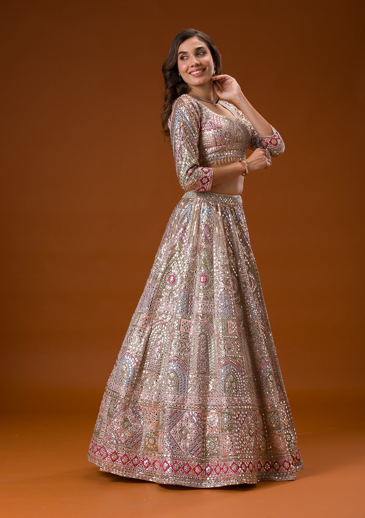 Beige Gotapatti Net Readymade Lehenga-Koskii