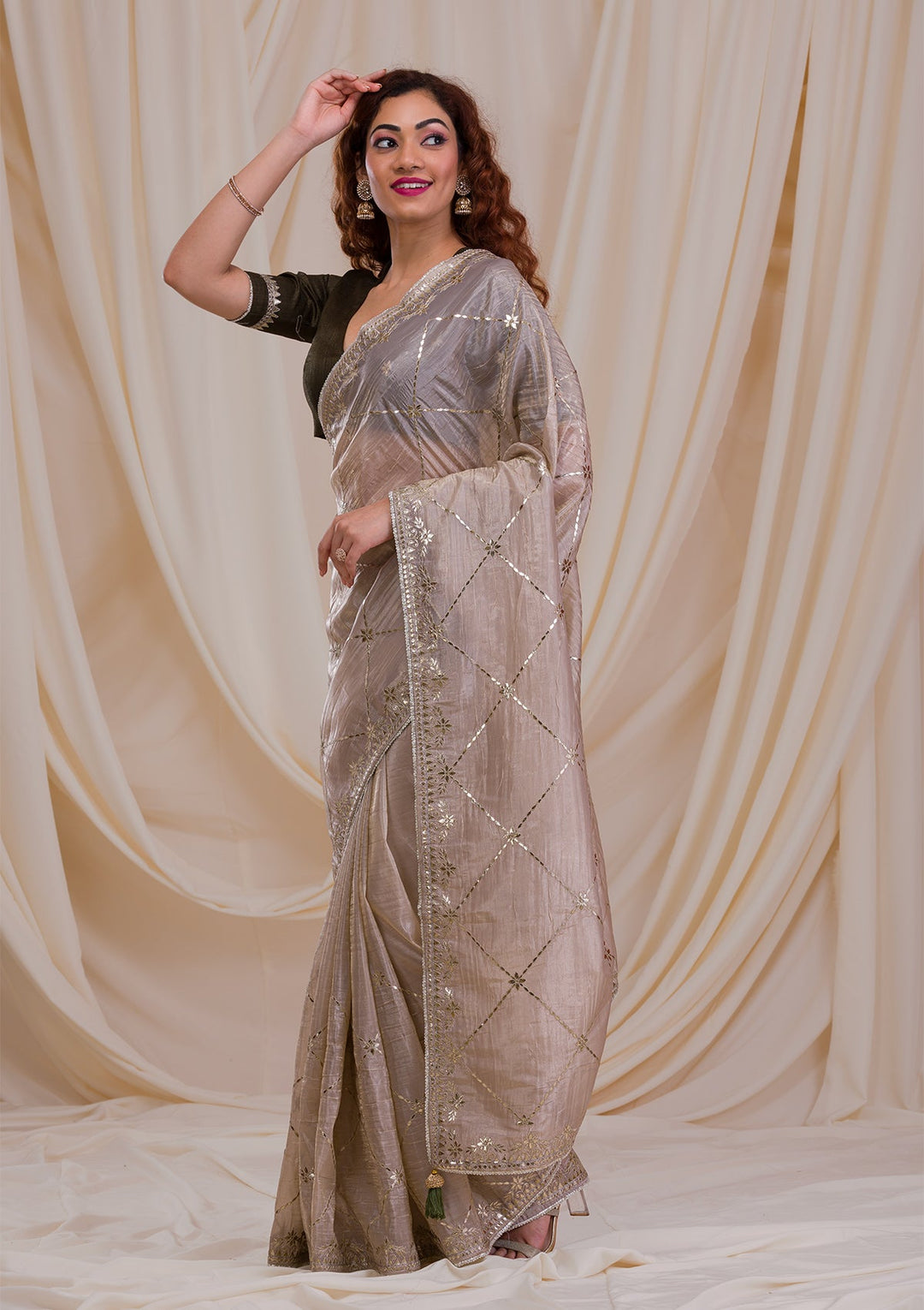 Beige Gotapatti Tissue Saree-Koskii