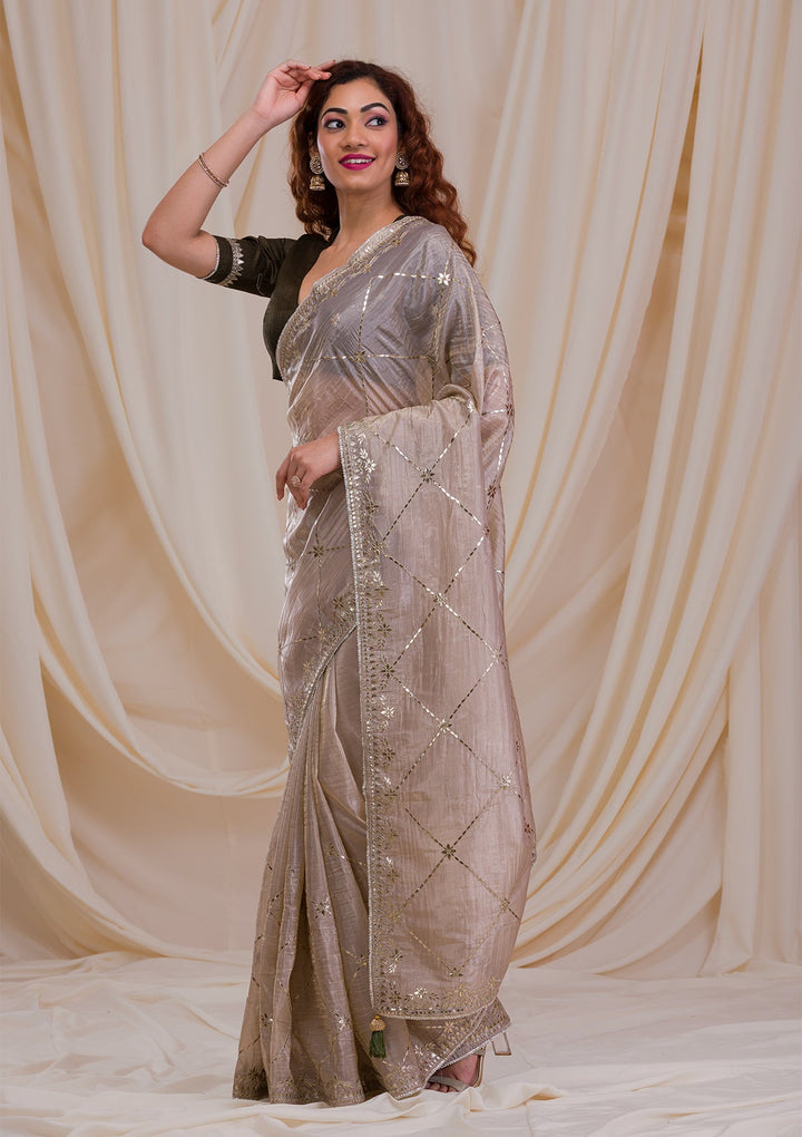 Beige Gotapatti Tissue Saree-Koskii