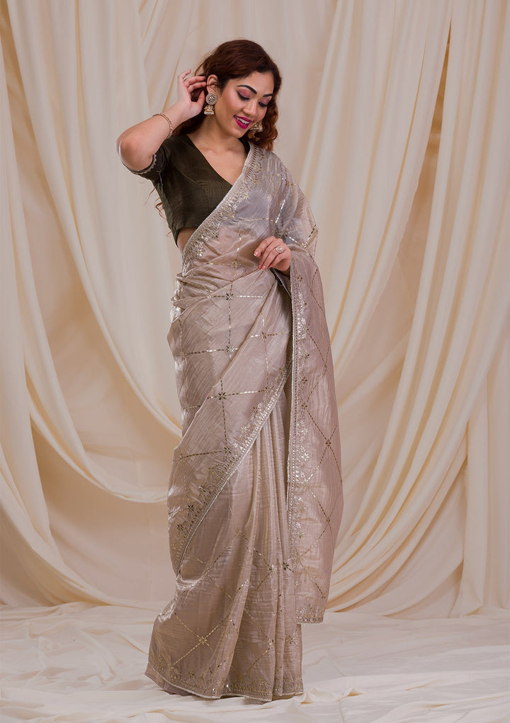 Beige Gotapatti Tissue Saree-Koskii