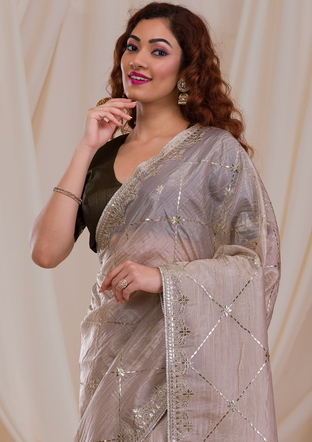 Beige Gotapatti Tissue Saree-Koskii