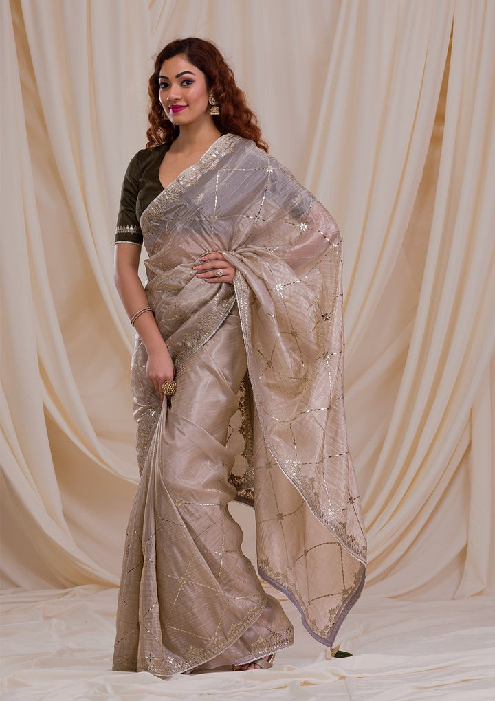 Beige Gotapatti Tissue Saree-Koskii