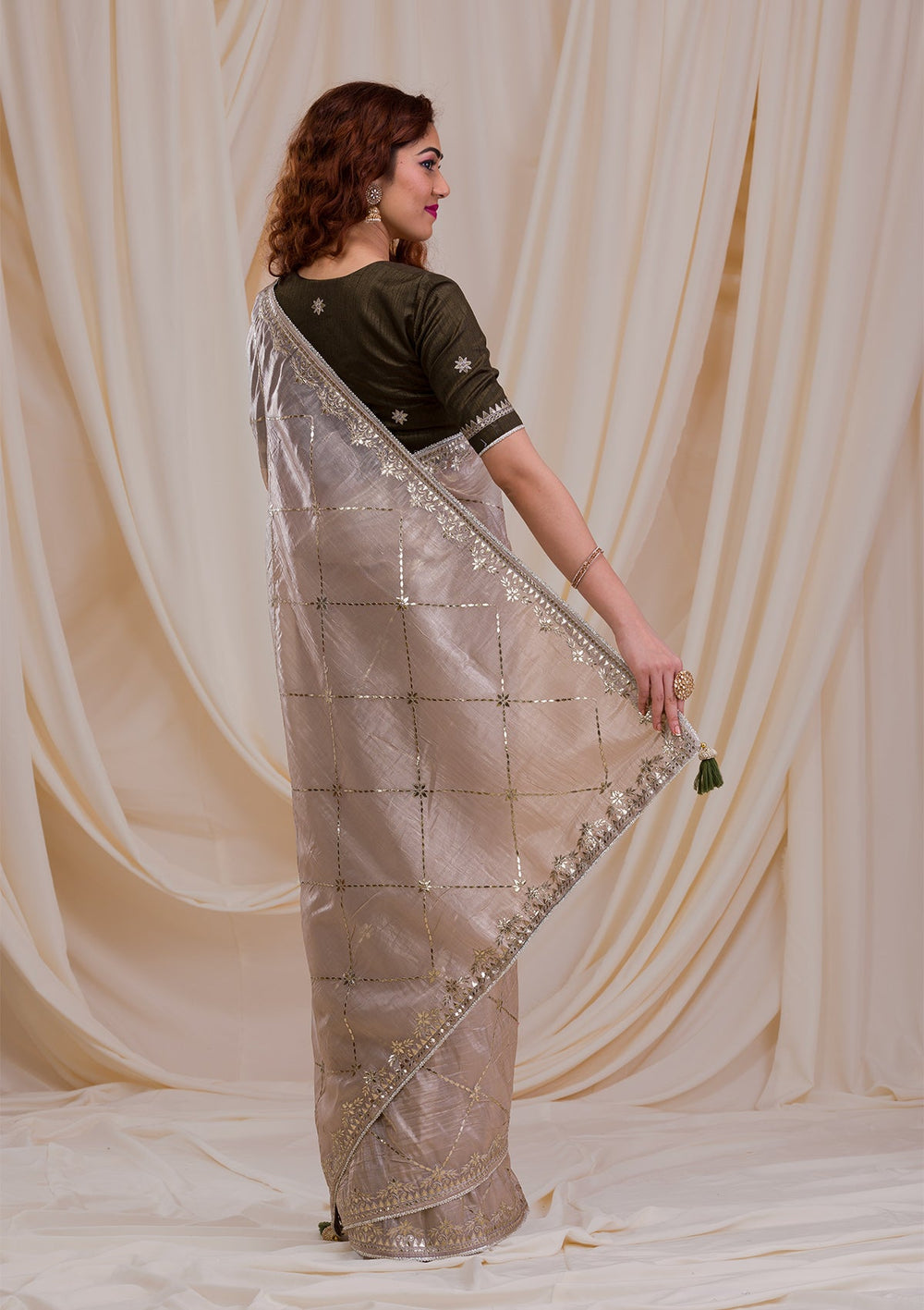 Beige Gotapatti Tissue Saree-Koskii