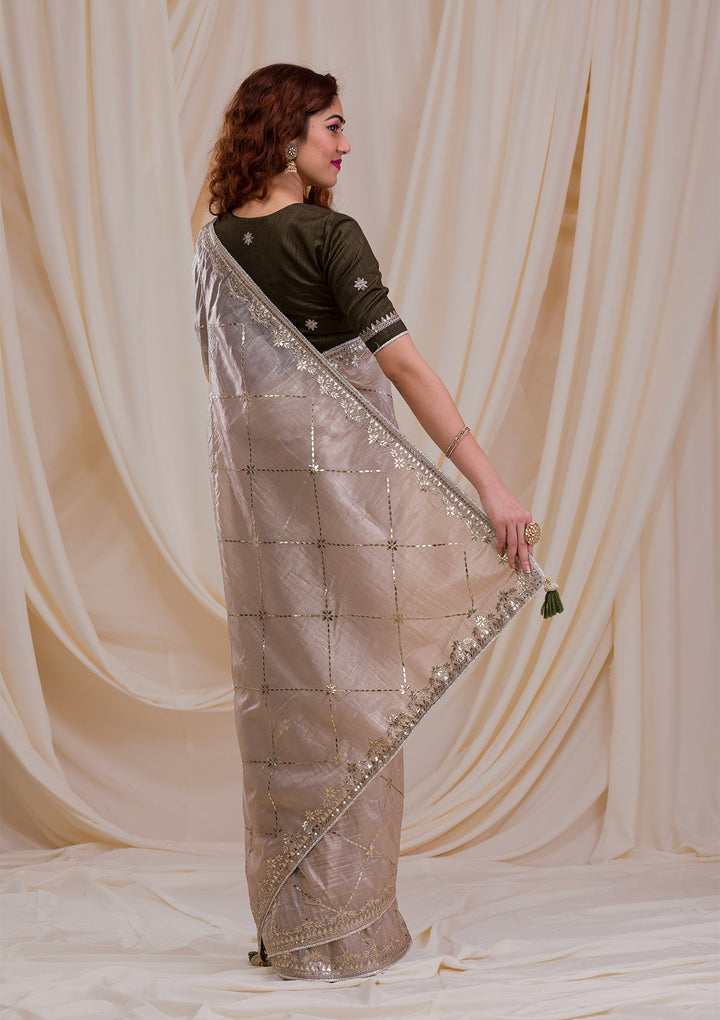 Beige Gotapatti Tissue Saree-Koskii