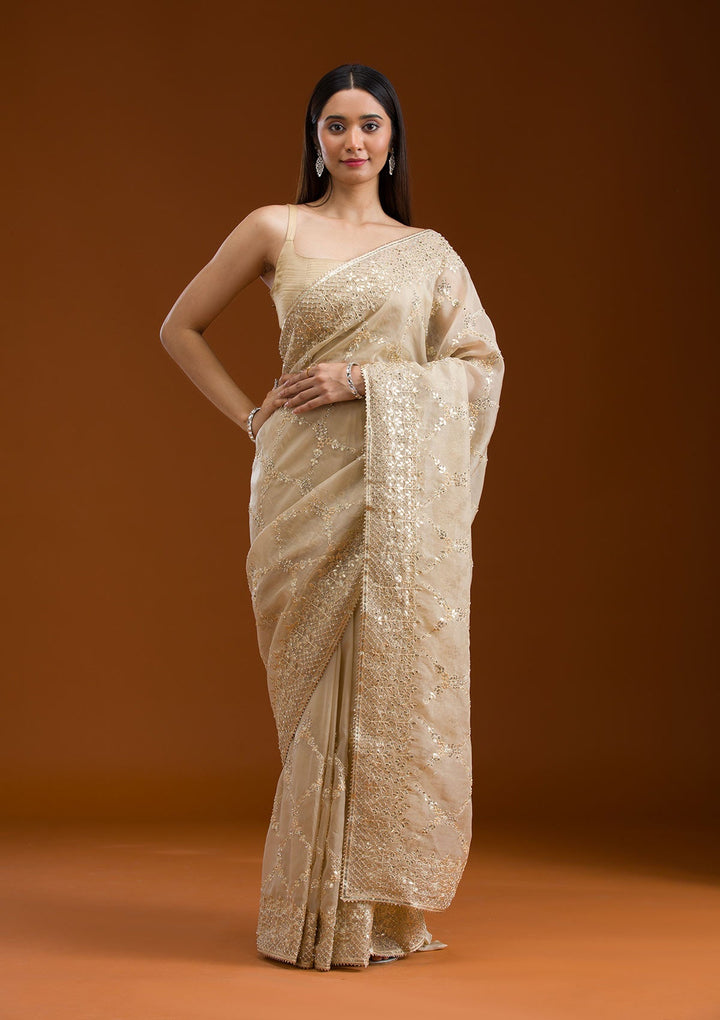 Beige Gotapatti Tissue Saree-Koskii