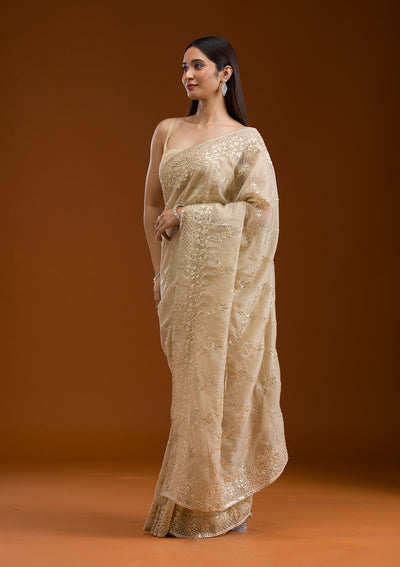 Beige Gotapatti Tissue Saree-Koskii