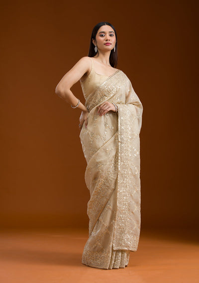 Beige Gotapatti Tissue Saree-Koskii