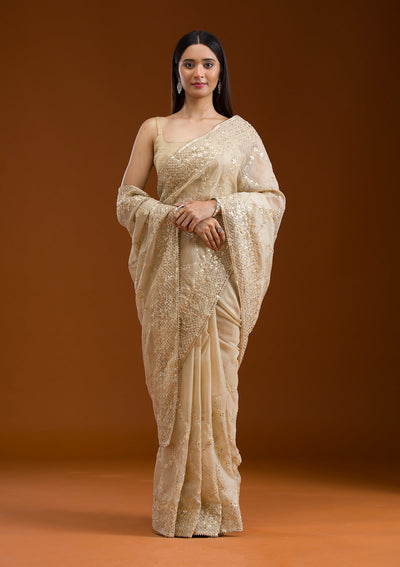 Beige Gotapatti Tissue Saree-Koskii