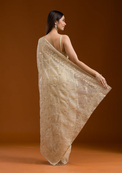 Beige Gotapatti Tissue Saree-Koskii