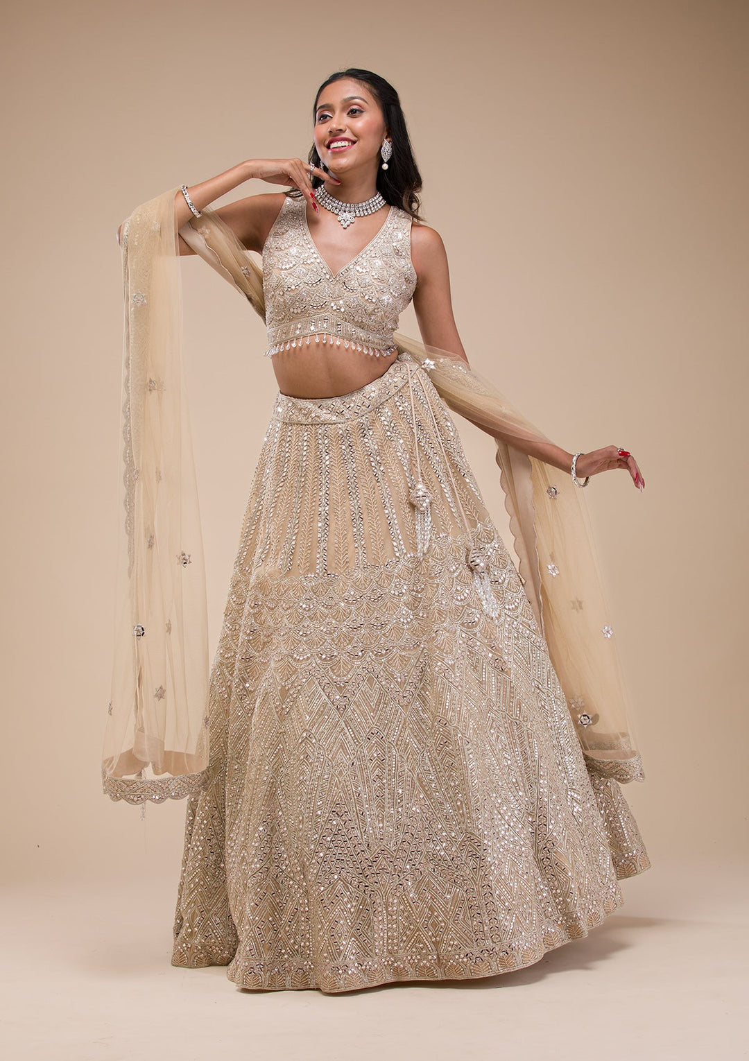 Beige Mirrorwork Net Readymade Lehenga-Koskii