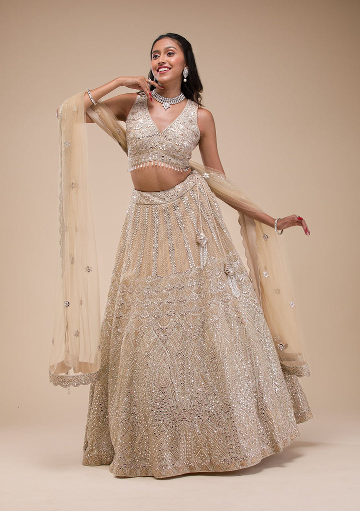 Beige Mirrorwork Net Readymade Lehenga-Koskii