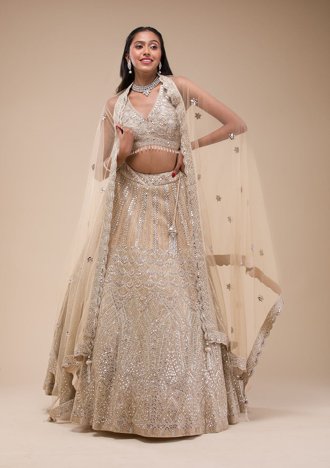 Beige Mirrorwork Net Readymade Lehenga-Koskii