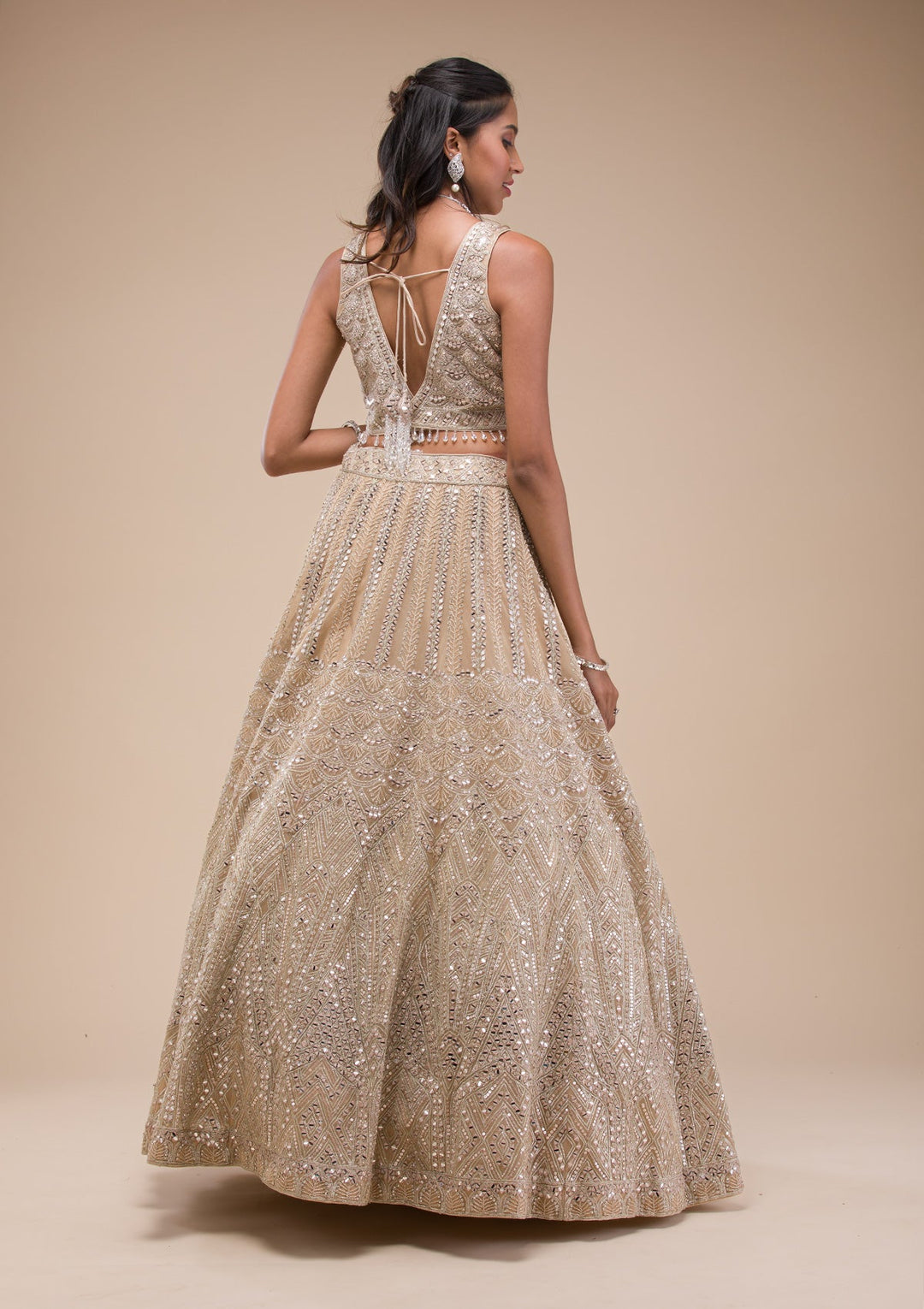 Beige Mirrorwork Net Readymade Lehenga-Koskii