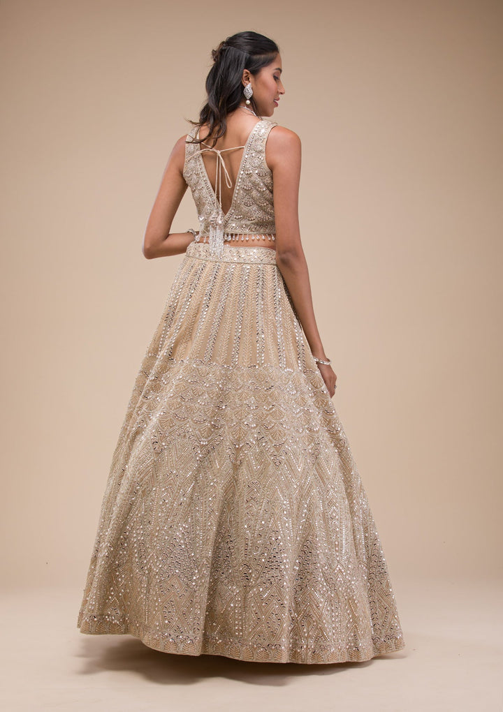 Beige Mirrorwork Net Readymade Lehenga-Koskii