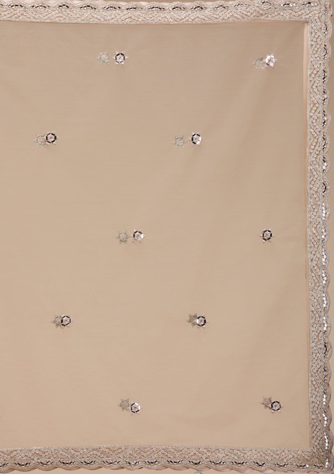 Beige Mirrorwork Net Readymade Lehenga-Koskii