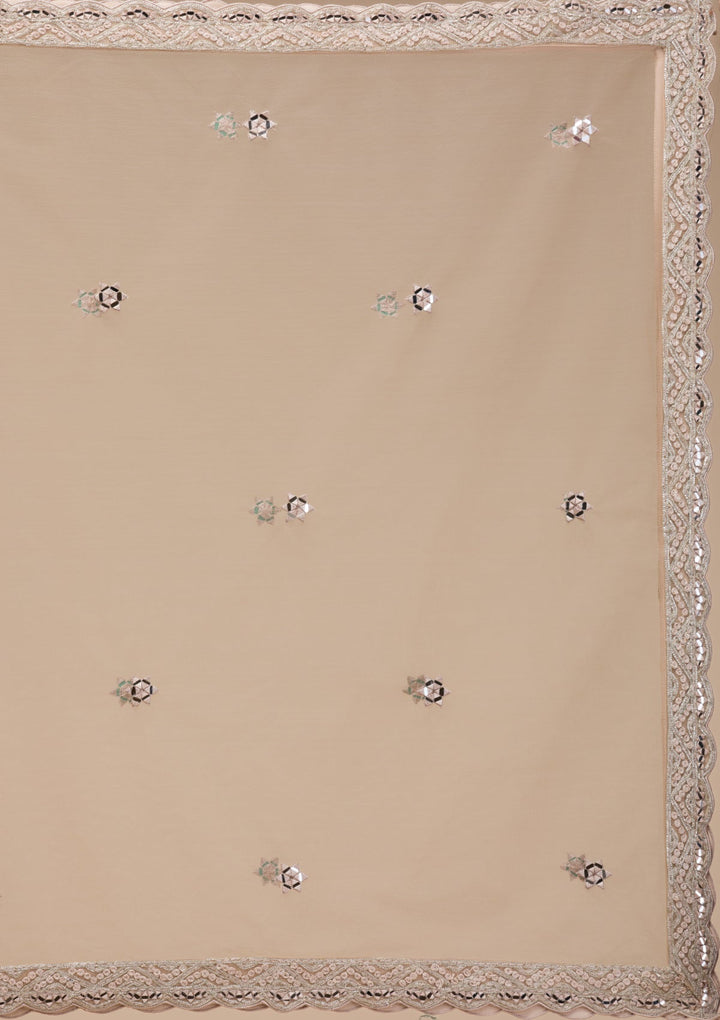Beige Mirrorwork Net Readymade Lehenga-Koskii