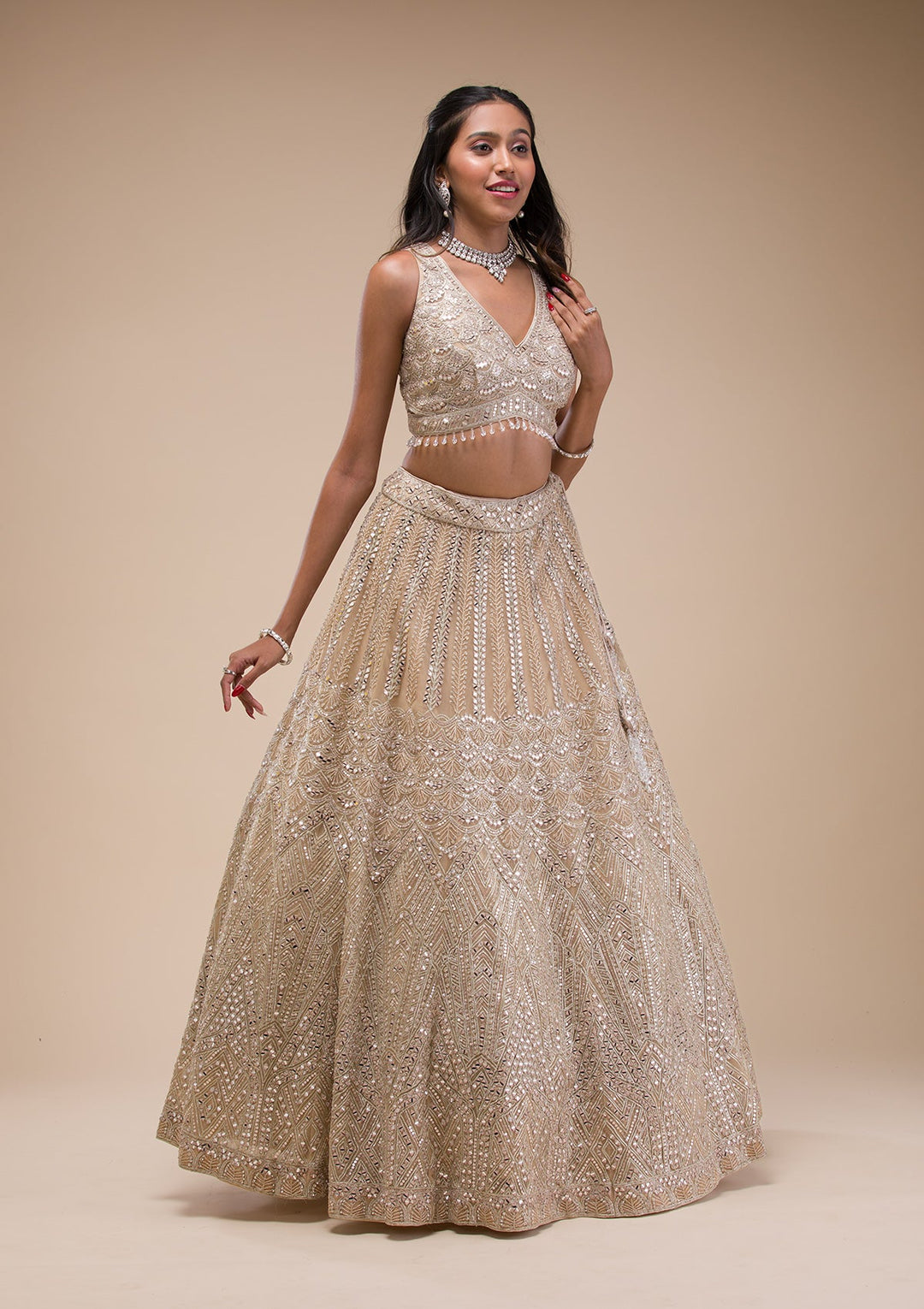 Beige Mirrorwork Net Readymade Lehenga-Koskii
