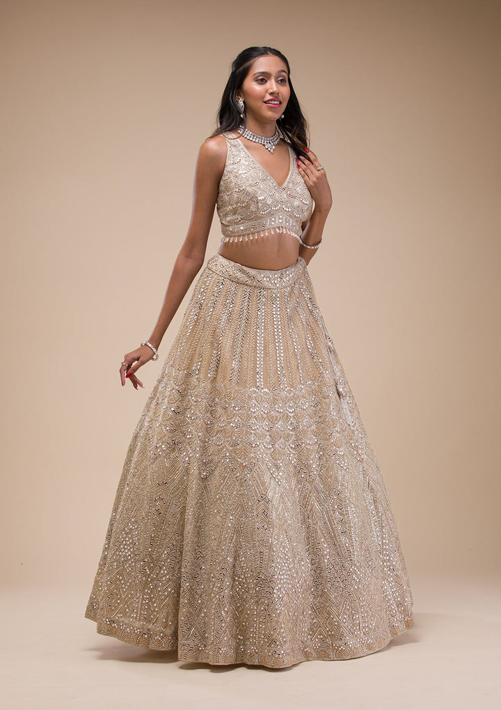 Beige Mirrorwork Net Readymade Lehenga-Koskii