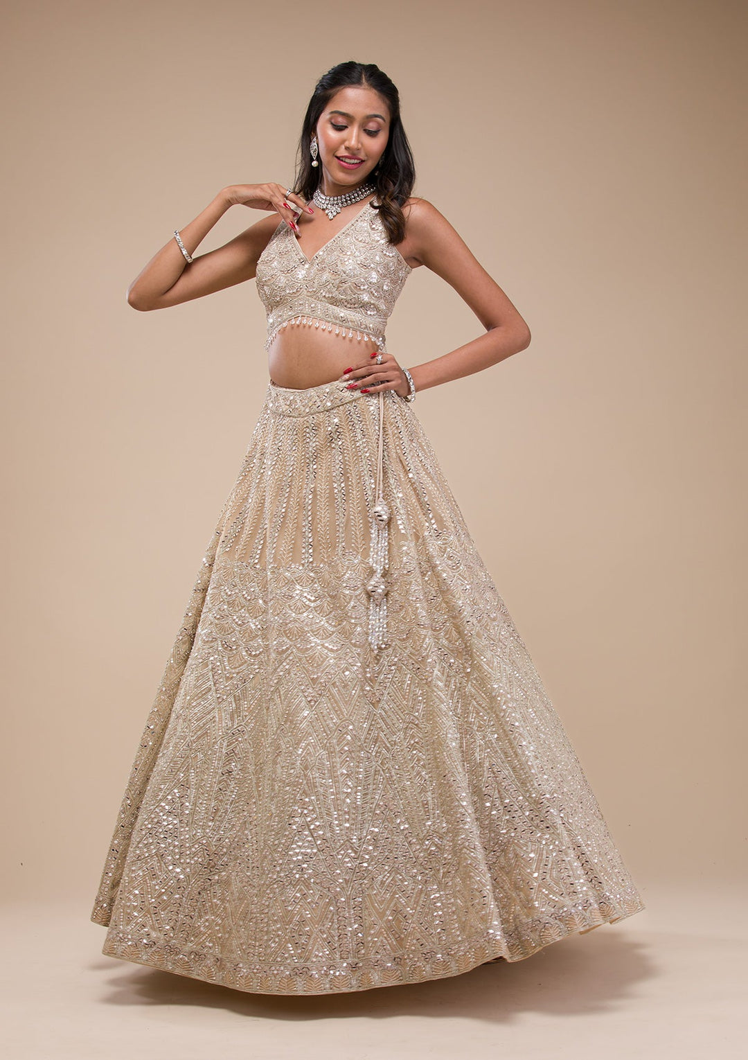 Beige Mirrorwork Net Readymade Lehenga-Koskii