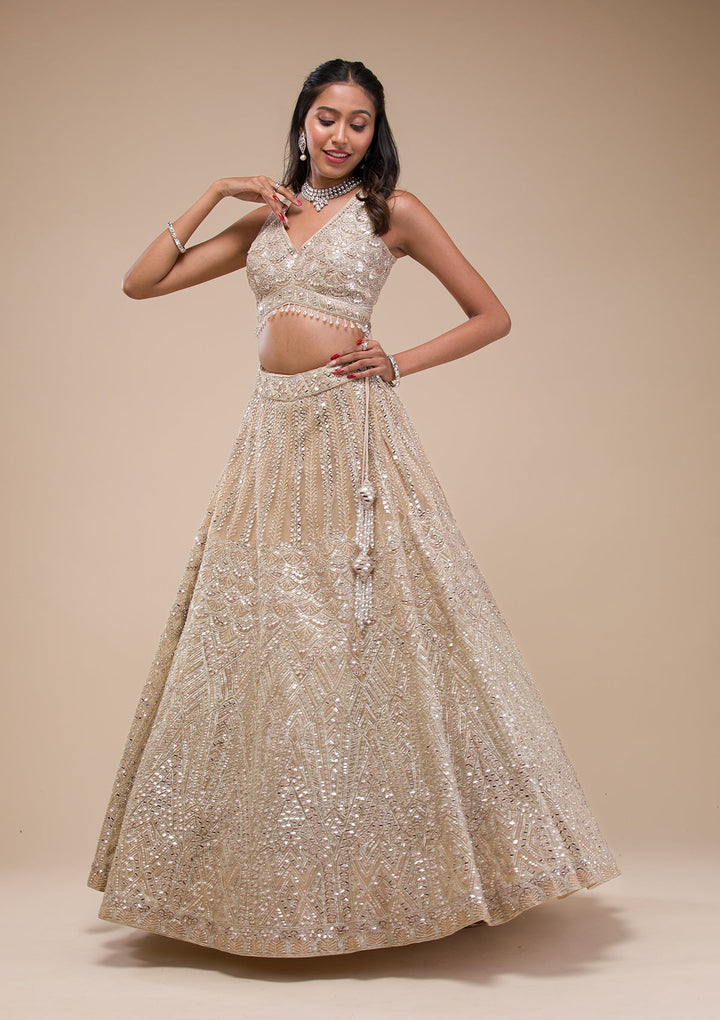 Beige Mirrorwork Net Readymade Lehenga-Koskii