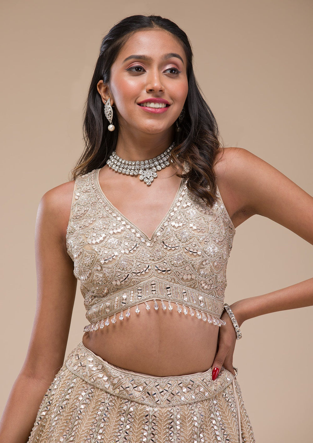 Beige Mirrorwork Net Readymade Lehenga-Koskii