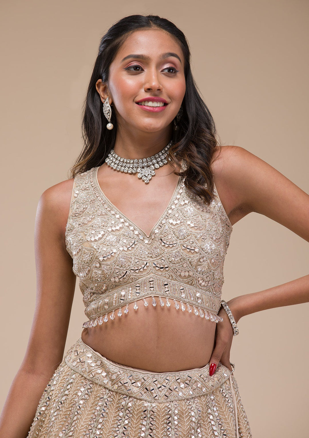 Beige Mirrorwork Net Readymade Lehenga-Koskii