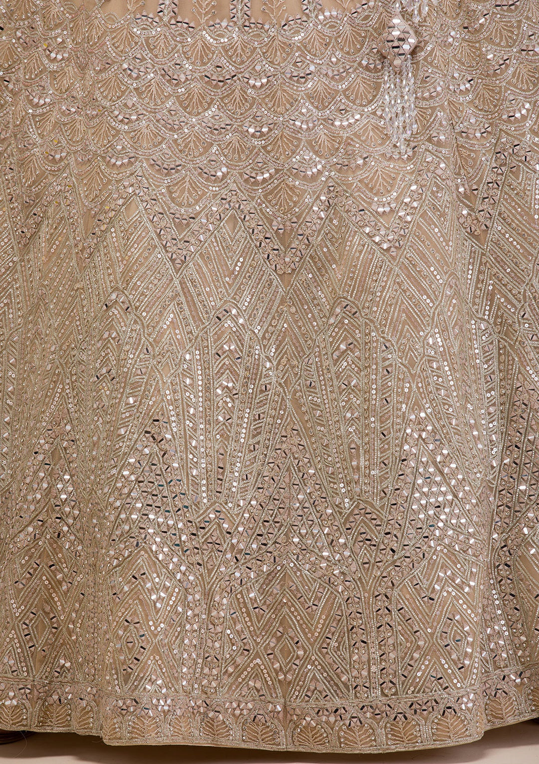 Beige Mirrorwork Net Readymade Lehenga-Koskii